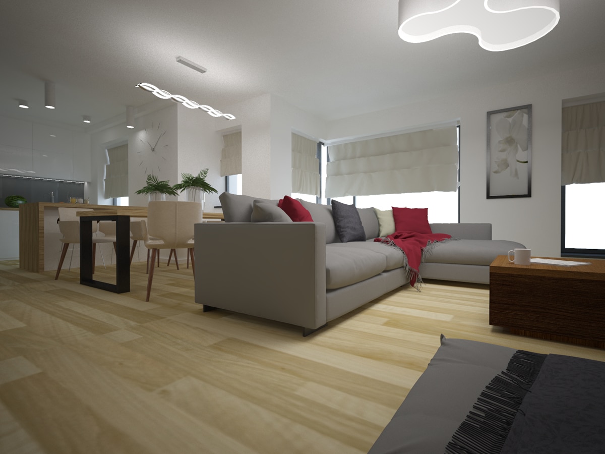 Nowoczesne wnętrza domów jednorodzinnych salon z jadalnią