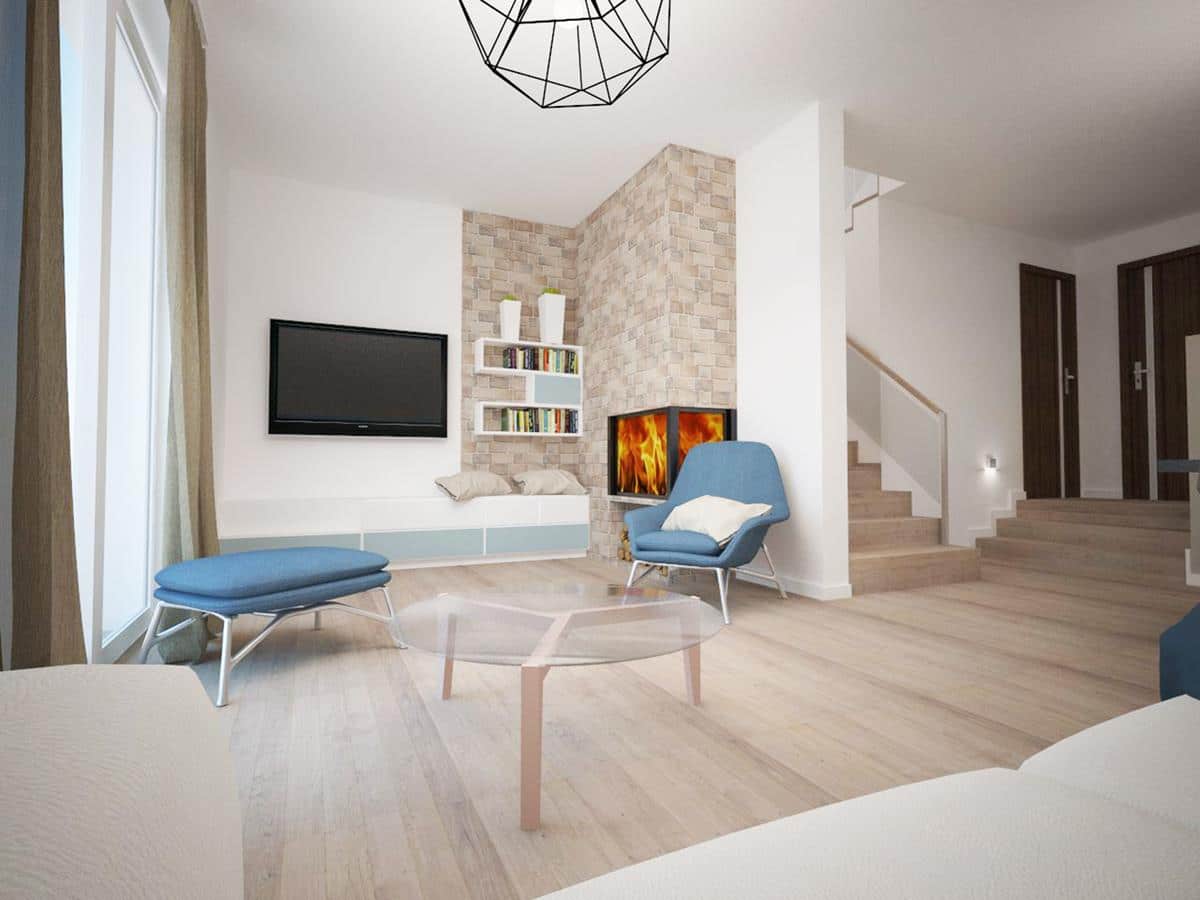 projekty domów z wizualizacją wnętrz salon z kominkiem