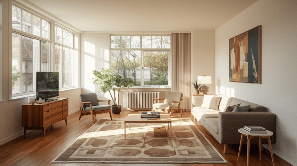 Projektowanie wnętrz przez architekta – zestawienie próbek materiałów, tkanin i palety barw ziemi