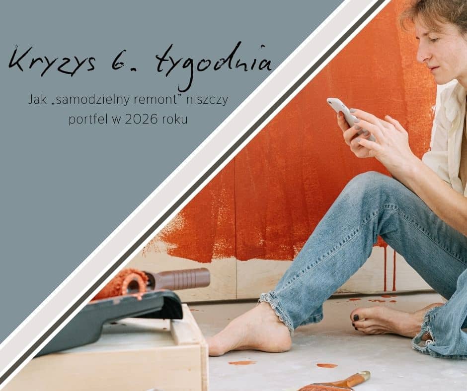 Kobieta z telefonem w ręku w tle niedbale pomalowana ściana, kuweta z farbą i wałkiem - Kryzys 6 tygodnia Jak samodzielny remont niszczy portfel w 2026 roku Blog Valent
