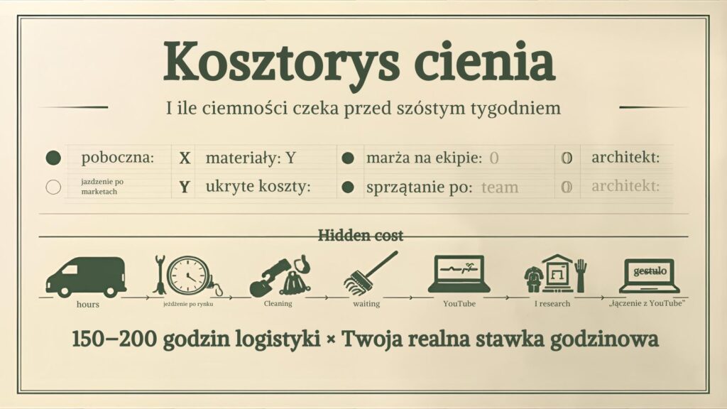 rozpisana tabela: Kosztorys cienia: 150-200h logistyki x realna stawka godzinowa