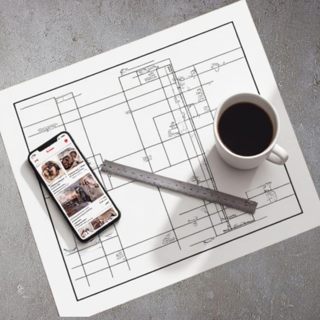 Plan mieszkania na betonie z kawa i telefon inspiracje z google. przygotowanie do kompleksowego wykończenia wnętrz.